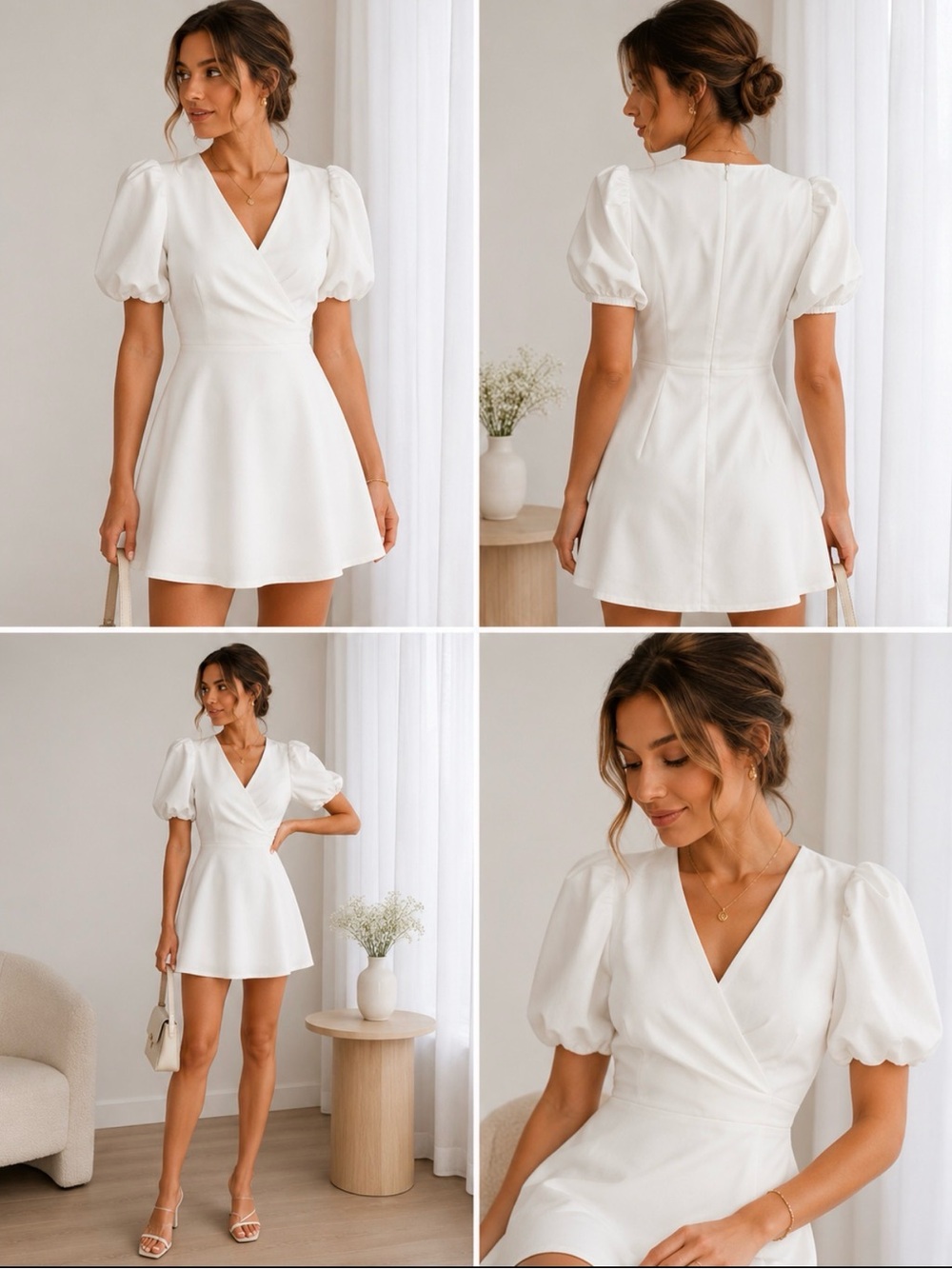 Elegant Puff-Sleeve Wrap Mini Dress - White
